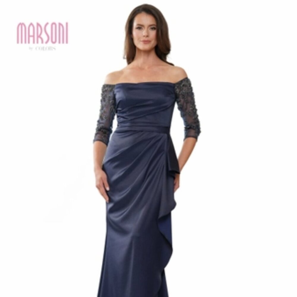 Elegant Marsoni Off-Shoulder Navy Dress with Embellished Sleeves